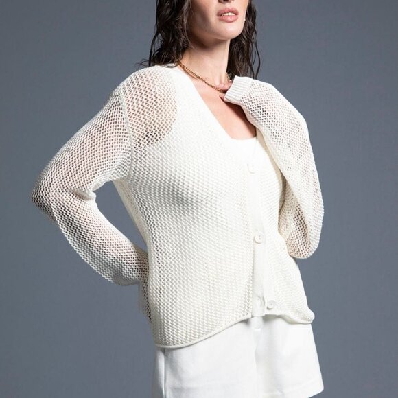 Coco Crochet Open Knit Long Sleeve Cardigan in Ivory - Picture 3 of 4